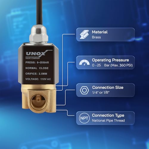 UNOX 1/4 Inch NPT Brass Electric Solenoid Valve 110V AC with 6 ft Cable, 3 Wire Connection, 1/8" Converter Included, Normally Closed, Pressure 0-363 PSI (0–25 bar), Water, Air