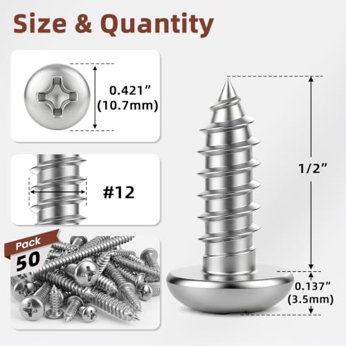 Mellewell #12 x 1/2" Pan Head Self Tapping Screw, Pan Head Sheet Metal Screws Wood Screws, Stainless Steel 304 (18-8), 50 Pack - color: Silver, size: #12 x 1/2"