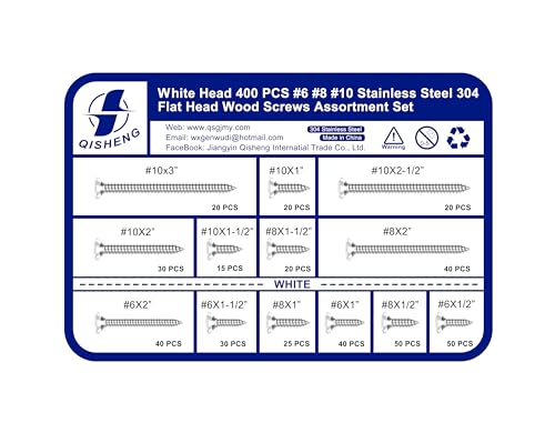 QISHENG 400 PCS White Head #6#8#10 Stainless Steel Phillips Flat Head Wood Screws Assortment Set,Stainless Steel 18-8 A2(304) Screw,Home Screw Kit - color: Set White, size: #6#8#10 Set