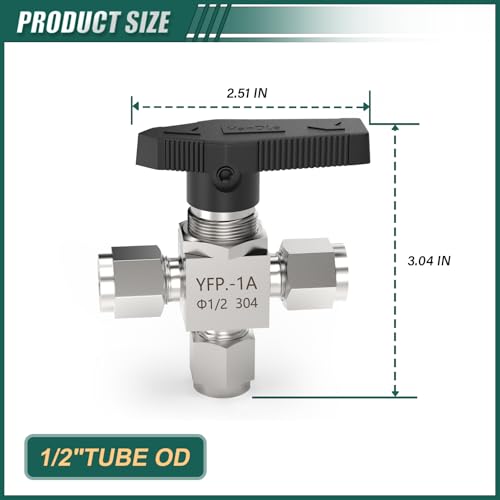 1PCS 304 Stainless Steel 3 Way Compression Tube Valve,1/2" Tube OD Adapter, for water/oil/air systems - size: 1/2" OD (3 Way Valve)