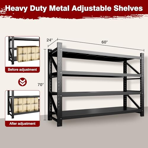 Fesbos 5000LBS Metal Steel Storage Shelves - 60" W Black 4 Tier Heavy Duty Rack Commercial Industrial Shelving with Adjustable Shelf for Basement Garage Warehouse - 60" W x 24" D x 70" H - size: 60" W x 24" D x 70" H