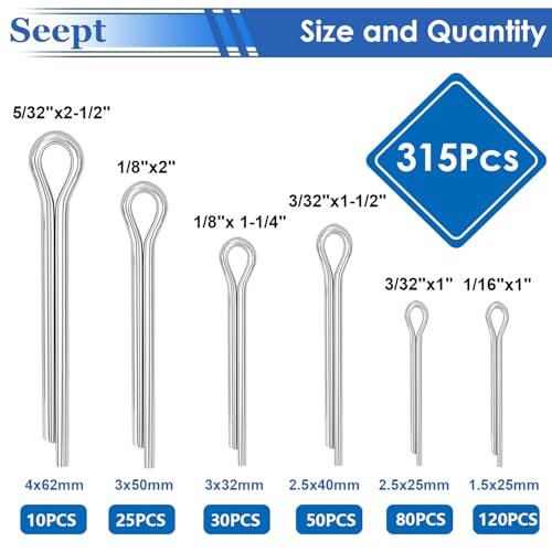 315Pcs Cotter Pins Zinc Plated Cotter Pins Assortment Kit Tractor Pin Used for Hitch Pin Lock System, Trucks, Engine Repair in Towing Hitch Clips & Pins - size: 315Pcs 6-sizes