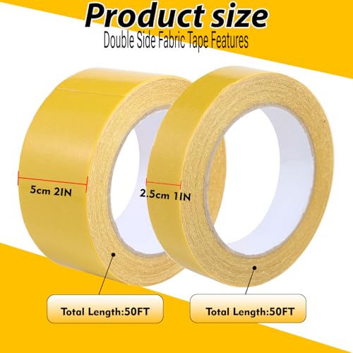 Qoqooice Double Sided Fabric Tape Heavy Duty Mounting Tape 1"/2“ x 50FT Resistente Clear Super Stick Tape with Fiberglass Mesh High Tack Strong Adhesive for Clothes Carpet Arts - size: 1 Inch and 2 Inch x50FT