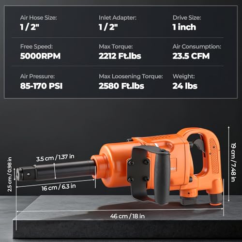 1 Inch Heavy Duty High Torque Air Impact Wrench Gun 1/2" Air Inlet 5000RPM - size: 3500N.m