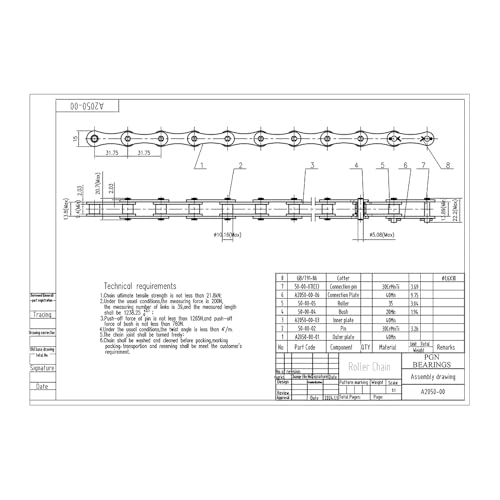 PGN A2050 Conveyor Roller Chain x 100 Feet + 10 Connecting Links