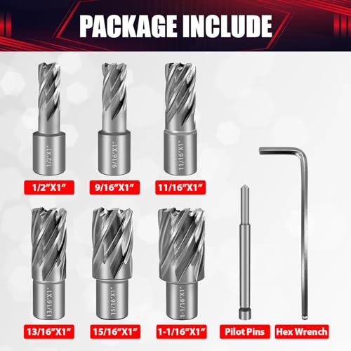 8PCS Annular Cutter Set,Magnetic Drill Press Bits,1" Cutting Depth,3/4" Weldon Shank,M2AL HSS with Pilot Pin and Hex Wrench,1/2"-1-1/16" Cutting Diameter