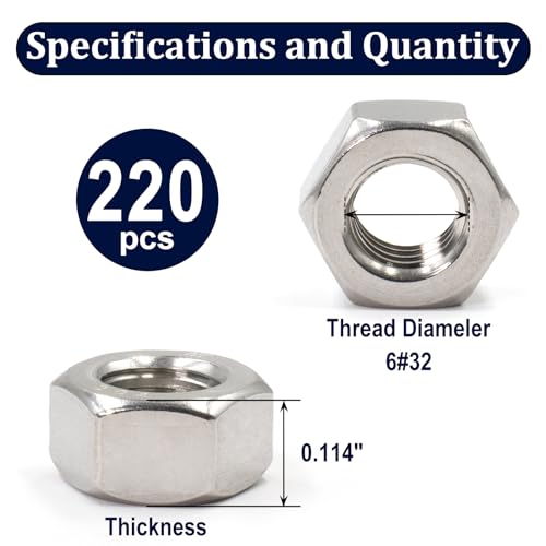 ZQZ #6-32 Hex Nuts,220PCS Stainless Steel Hardware Nut 304 ss Threaded Nut - size: SAE 6#32;220 PCS