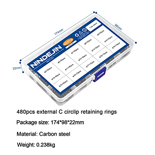 NINDEJIN External Retaining Rings Snap Rings Assortment Kit, Circlip Circlip Retainer Rings Set (C-Clip Carbon Steel) - size: 480PCS (5-19mm )