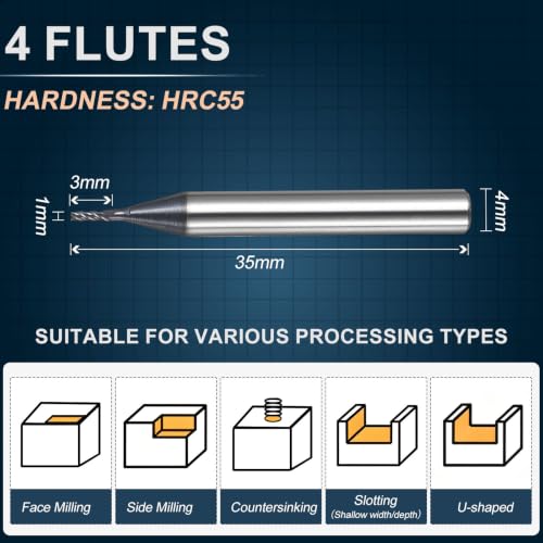 1mm Carbide End Mill, 3mm Cut L, 35mm L, 4mm Shank, Black - color: Black, size: 1mm Dia,3mm CL,35mm L,4mm Shank