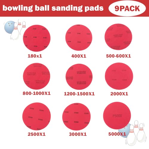 9 Piece Bowling Ball Resurfacing Kit with Sanding Pads Grit 180 400 500 800 1200 2000 2500 3000 5000, for Surface Cleaning, Polishing and Maintenance Bowling Sanding Pads
