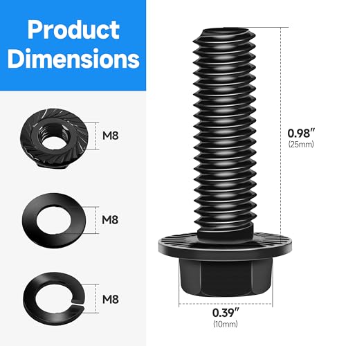 (10Sets) M8 Bolt x 25mm Flanged Hex Head Bolts, External Flange Hex Drive M8 Screws, Class 10.9 Black Zinc Plated Alloy Steel Metric M8x1.25 Bolts Kit - color: Black-M8, size: 25mm