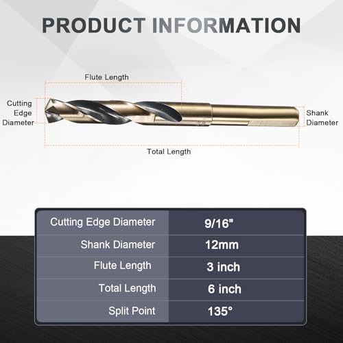 uxcell 9/16" Drill Bit 1/2" Reduced Shank 3-Flat M35 5% Cobalt HSS - size: 9/16" with 1/2" Shank