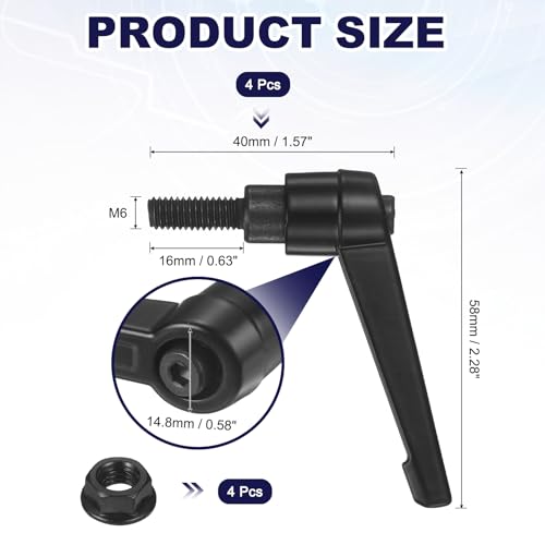 uxcell 4Pcs Adjustable Clamping Lever Handles, M6x16mm Zinc Alloy Male Thread Stud Knobs with Nuts Quick Release Bolt Rotating Screw Handles for Lathes Woodworking, Black - size: M6x16mm