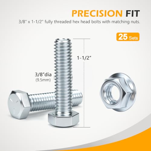 25 PCS 3/8" x 1-1/2" Hex Head Bolts and Nuts Set, Grade 8.8 Carbon Steel Heat Treated, Fully Threaded Hexagon Bolts with Nuts, for Garage Door Track Flag Bracket & Tail Bearing Connection - color: Silvery, size: Hex Bolt-B 25 pcs