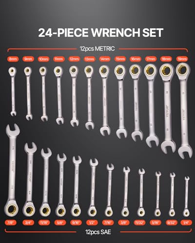 VEVOR 24-Piece Ratcheting Wrench Set, Ratchet Combination Wrench Set with Organizer, Nickel Plating, 72-Tooth, CR-V, Metric 8-19mm & SAE 1/4-7/8" - color: Nickel 24pcs, size: Metric&SAE