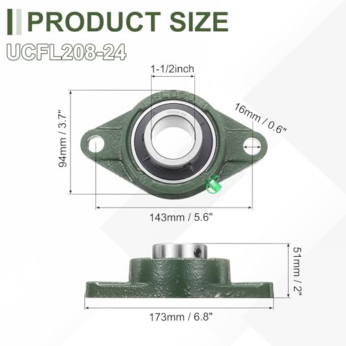 uxcell UCFL208-24 Pillow Block Bearings, 1-1/2 in Bore Chrome Steel, ABEC3 - size: UCFL208-24 (Bore 1-1/2")