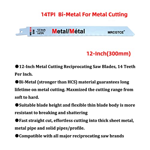 MRCGTCE Metal Cutting Reciprocating Saw Blade, 12-Inch 14TPI Bi-Metal Recip Saw Blades (10pcs) - size: 12-Inch 14T