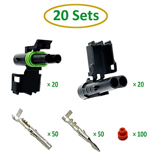 18-14 AWG 2 Pin Connector Waterproof Weather Pack Connectors Kit (20 Set) - size: 2pin/20kit/18-14AWG