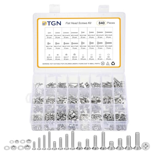DTGN M2-M5 Phillips Flat Head Bolts Nuts Washers Assortment Kit 304 840pcs - size: M2M3M4M5