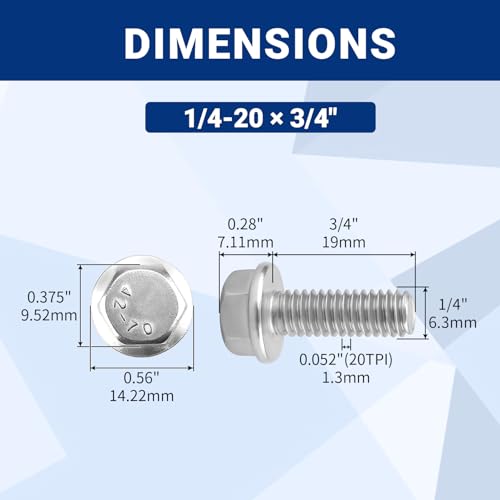 20pcs 1/4-20 x 3/4" Flange Hex Head Bolts (Non-Serrated), 304 SS - size: 1/4-20 x 3/4