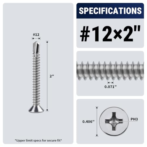 #12 x 2 Phillips Flat Head Sheet Metal Screws, Stainless Steel 410 Self Drilling Screws for Metal, Countersunk Head, Phillips Drive, Self Tapping, 50 Pack - size: #12 x 2"