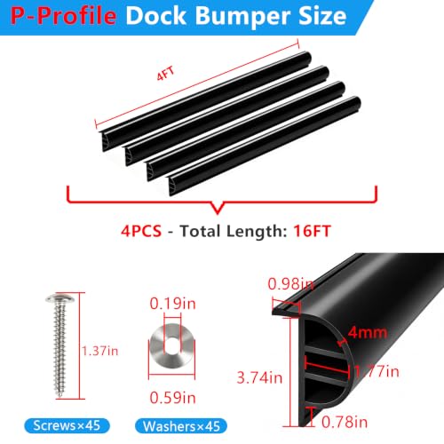 Dock Bumpers 4FT/12FT/16FT/24FT, Boat Dock Bumpers for Edging with Stainless Steel Screws and Washers, Dock Fenders Boat Dock Guards P-Profile Heavy Wall for Edge Protection 1/3/4/6 Pack Multi Color - color: Black, size: 16FT