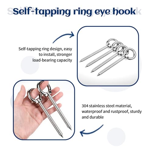 5.5 Inch Heavy Duty Eye Hooks, M10 Self Tapping Screw Eyelets, 4 Pcs