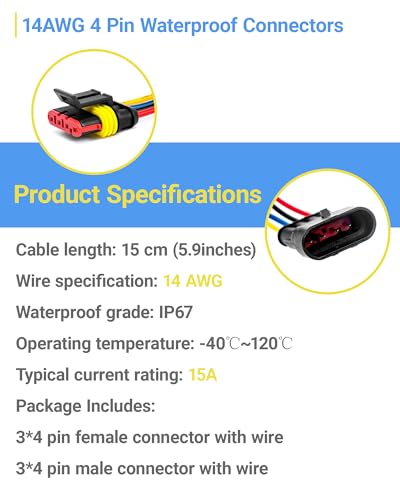 14AWG 4 Pin Waterproof Electrical Connector Quick Connect 3 Pack - size: 4 Pin