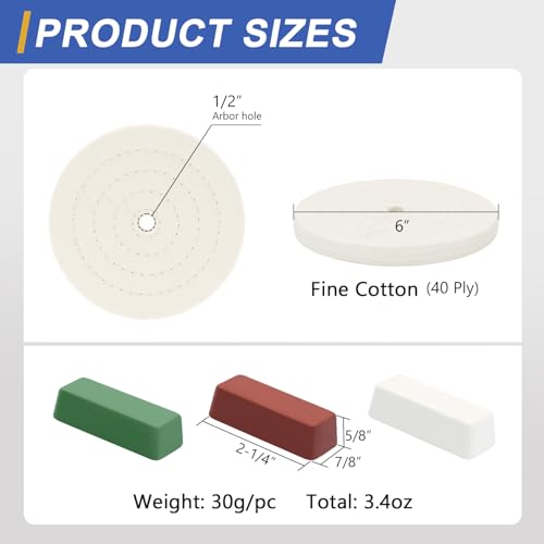 SCOTTCHEN 6inch Buffing Polishing Wheels 1/2" Arbor Hole,2 Pcs Fine (40Ply) for Bench Grinder,with Buffing Polishing Cutting Compound 4 Oz.Kit - color: Multi 5pcs(Fine*2), size: 6 inch