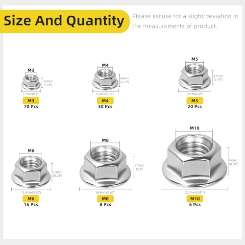 150Pcs M3 M4 M5 M6 M8 M10 304 Stainless Steel Serrated Flange Nuts, Metric Flange Hex Lock Nuts for DIY Home Mechanism, Silver