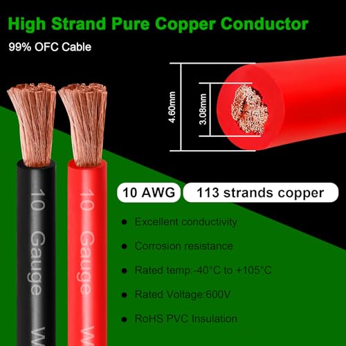 MOOKEERF 10 Gauge Battery Cable - 20FT Red + 20FT Black 10 AWG Welding Cable Flexible Stranded Oxygen-Free Pure Copper Wire for Automotive, Battery, Inverter, Solar, Marine and Generator - color: 20ft Black + 20ft Red, size: 10AWG