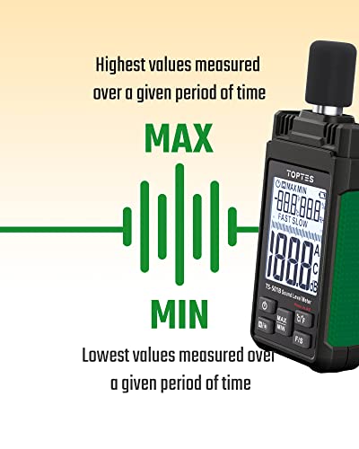 Decibel Meter, TopTes TS-501B Sound Level Meter with 2.25” Backlit LCD Screen, A/C Weighted, Range 30-130dB, Temperature & Humidity, MAX/MIN, Data Hold, Use for Home, Noisy Neighbor, Factory - Green - color: Green