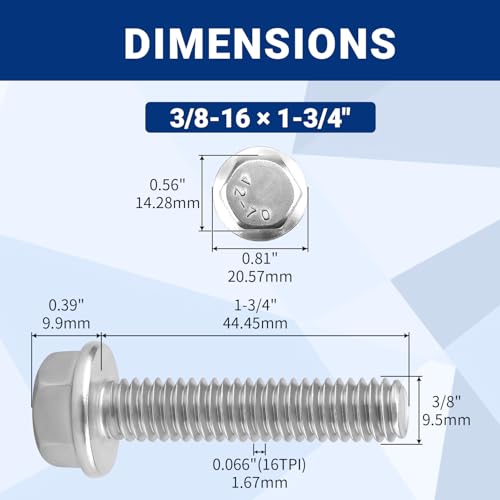 10pcs 3/8-16 x 1-3/4" Flange Hex Head Bolts (Non-Serrated), 304 SS - size: 3/8-16 x 1-3/4