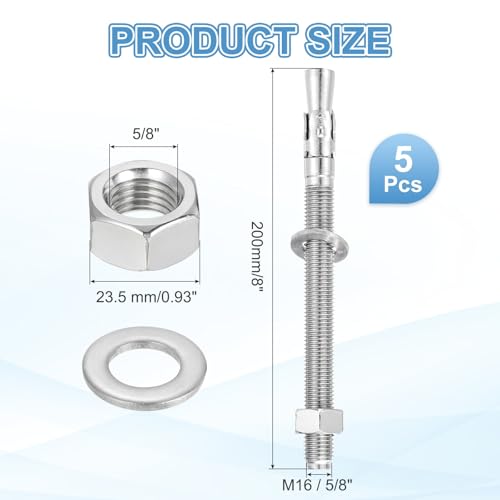 MECCANIXITY 5 Pcs Wedge Anchors, 5/8" x 8" Stainless Steel Concrete Anchors Bolts, Heavy Duty Standard Fastener for Cement Wall Base Bracket (Include Washers Nuts, Silver Tone) - size: 5/8" x 8"