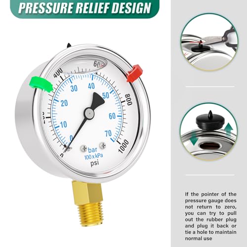 0-1000PSI Stainless Steel Liquid Filled Pressure Gauge, 2.5" Dial Size, 1/4" NPT Lower Mount, for Tube, Water Pump, Gas, Liquid, Pressure Test (with Range Mark Pointer) - size: 0-1000Psi