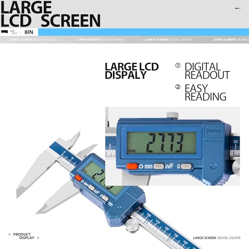 Dasqua 8" IP54 Digital Caliper, Stainless Steel Water-Resistant Precision Measuring Tool with Large LCD, Inch/Metric/Fraction Switch, Resolution 0.0005"/0.01mm/1/128, Accuracy ±0.001"/0.02mm - size: IP54 8"