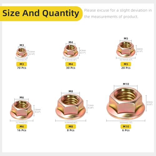 150Pcs M3 M4 M5 M6 M8 M10 Serrated Flange Nuts, Carbon Steel Yellow Zinc Plated Metric Flange Hex Lock Nuts for DIY Home Mechanism