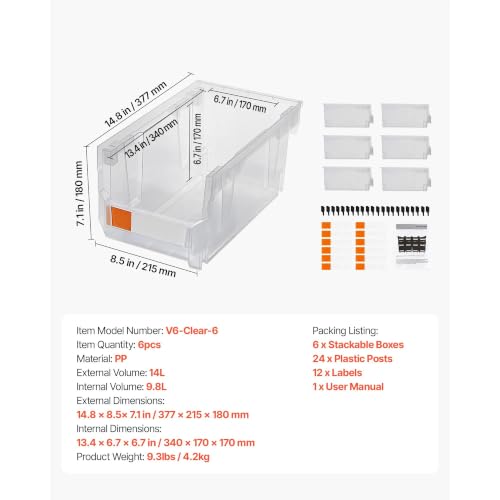 Stackable Clear Plastic Storage Bins 37.6 x 21.6 x 18 cm Set of 6