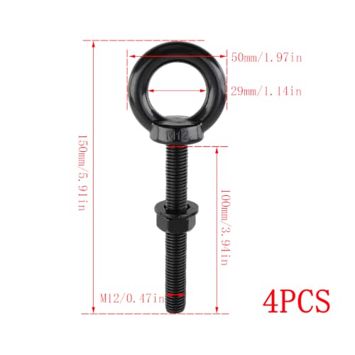 Dnyta 4 Pcs Black M12 Stainless Steel Eye Bolt with Shoulder, M12x100mm - size: M12x100mm(1/2"x4")