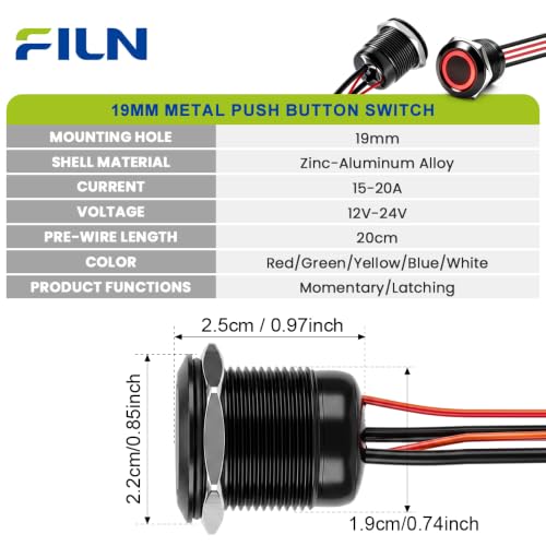 3PCS 19mm 20A Latching LED Push Button Switch IP67 12V-24V DC Red - color: Red Black Shell, size: Latching