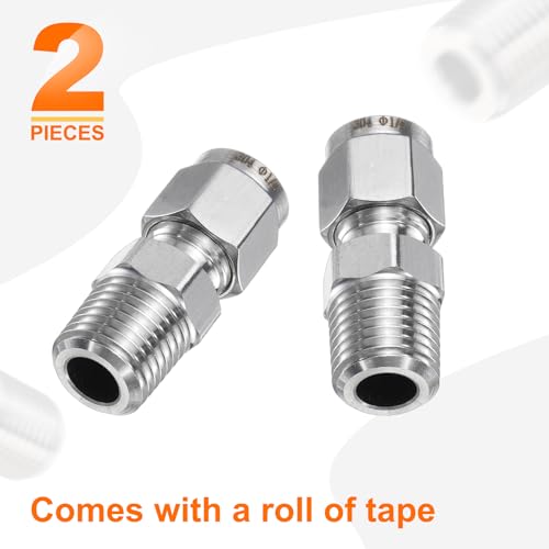 HARFINGTON 2pcs Compression Fitting 1/4" Tube OD x 1/4" NPT Male Thread Stainless Steel Straight Coupler Adapter Compression Tube Pipe Fitting Connector for Oil Gas Water - size: 1/4" OD x 1/4" NPT
