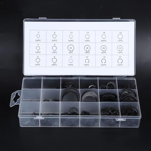 300Pcs Snap Ring Set, 2-32mm/0.08-1.26in E Clip Circlip Kit External Retaining Ring Assortment Set with Plastic Storage Case Metal Auto Parts Repair for Bearings Gears Pulleys