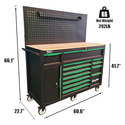 13-Drawers Rolling Tool Cabinet with Wood Workbench,Pegboard,60.6W x 22.7D x 66.1H inch,Heavy-Duty Steel Tool Storage,Lock & Key for Home,Garbge or Workshop Use(13 Drawer + 348 Pieces Tools)