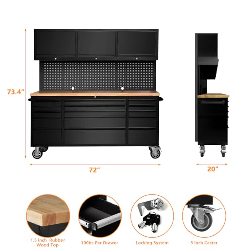 75" Tool Chest Tool Box, Heavy Duty Tool Chest Cabinet with 15 Drawers and 3 Upper Cabinets Combination Tool Cabinet, Large Tool Bench Organizer with Wood Top and Pegboard for Garage, Black - size: 72 in wIth 15 Drawers