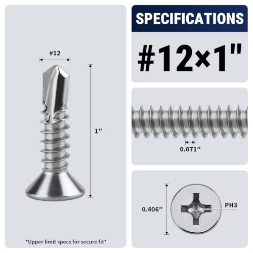 #12 x 1 Phillips Flat Head Sheet Metal Screws, Stainless Steel 410 Self Drilling Screws for Metal, Countersunk Head, Phillips Drive, Self Tapping, 50 Pack - size: #12 x 1"