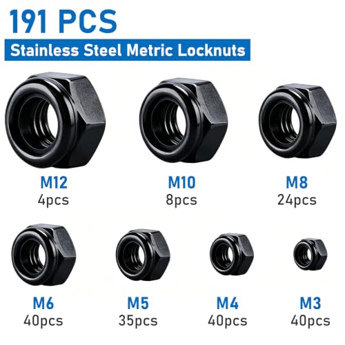 191 Pack Metric Lock Nuts, Black 304 (A2-70) Nylon Insert Locknuts - color: Black, size: Metric