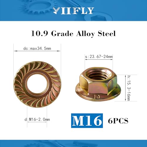 M16x2mm Metric Serrated Hex Flange Nuts, Grade 10.9 Color Zinc Plated Alloy Steel, Heat Treated, 6PCS - color: Color Zinc, size: Color M16 x 2mm