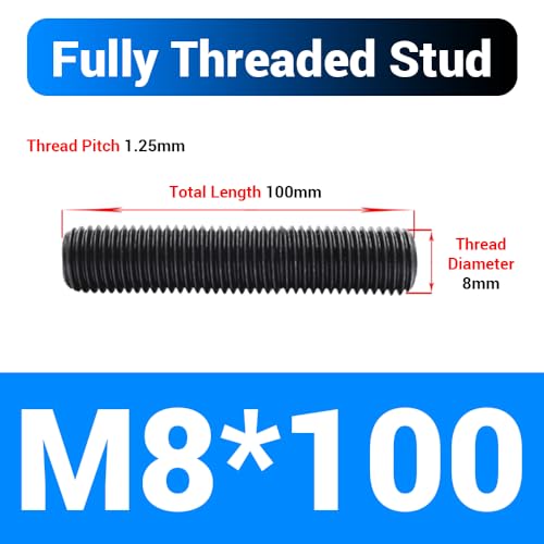 20pcs M8*100mm Fully Threaded Stud, Grade 8.8 Carbon Steel Black Oxide Finish Long Threaded Rod Bar for Furniture Industrial Maintenance Connection Fasteners - size: M8*100-20PCS