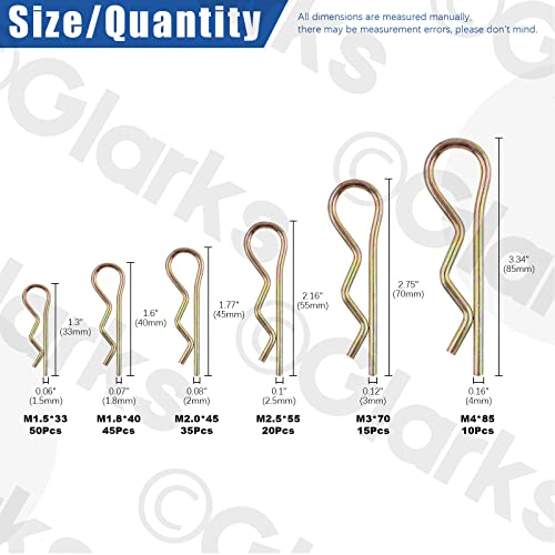 Glarks 175Pcs Hairpins R Clips Cotter Pins Assortment Kit 6 Sizes Zinc Plated Carbon Steel R Pin Hair Pin Clips Spring Fasteners for Hitch Pin Lock Systems