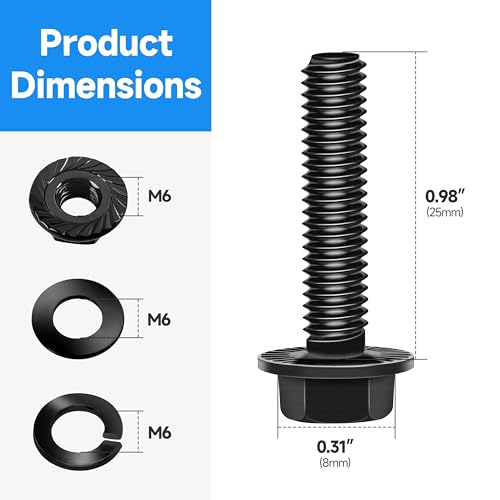 (10Sets) M6 Bolt x 25mm Flanged Hex Head Bolts, External Flange Hex Drive M6 Screws, Class 10.9 Black Zinc Plated Alloy Steel Metric M6x1.0 Bolts Kit - color: Black-M6, size: 25mm